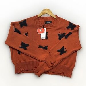 Cider Womens Butterfly Distressed Knit Sweater Burnt Orange Black Small NEW